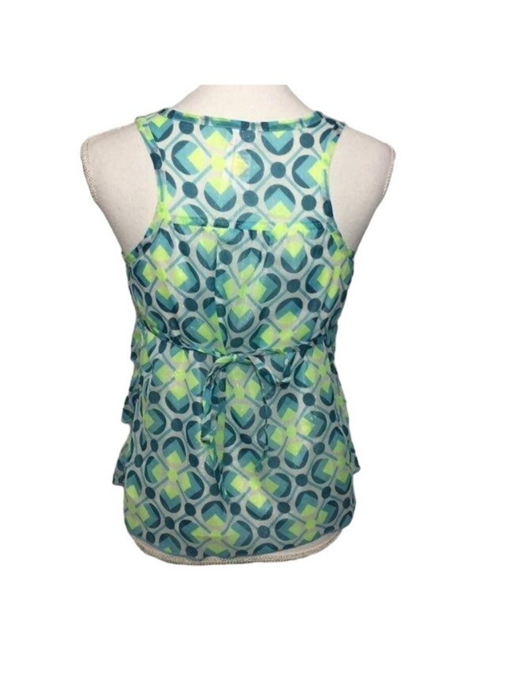 Justice Girls 16 Sleeveless Tiered Blouse Blue Lime Shimmer Ruffle Top Used - Picture 4 of 16